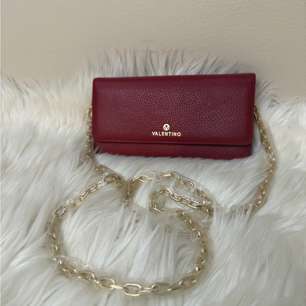 Valentino Pink-Red Pebbled Leather Chain Crossbody